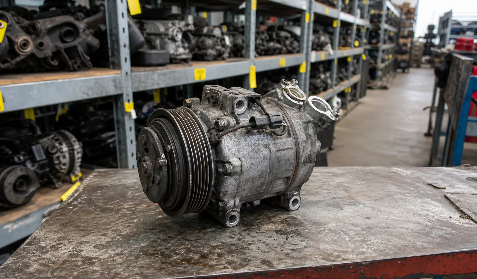 Used air conditioning compressor with filter dryer and expansion valve on a workbench