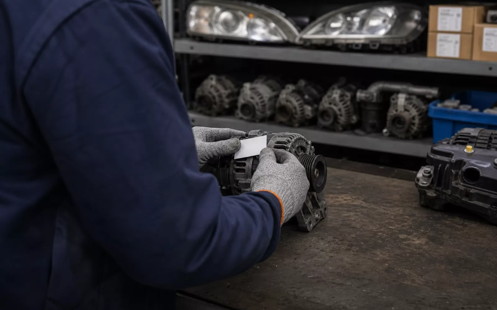 Ein Mitarbeiter prüft und kennzeichnet ein gebrauchtes Autoteil.