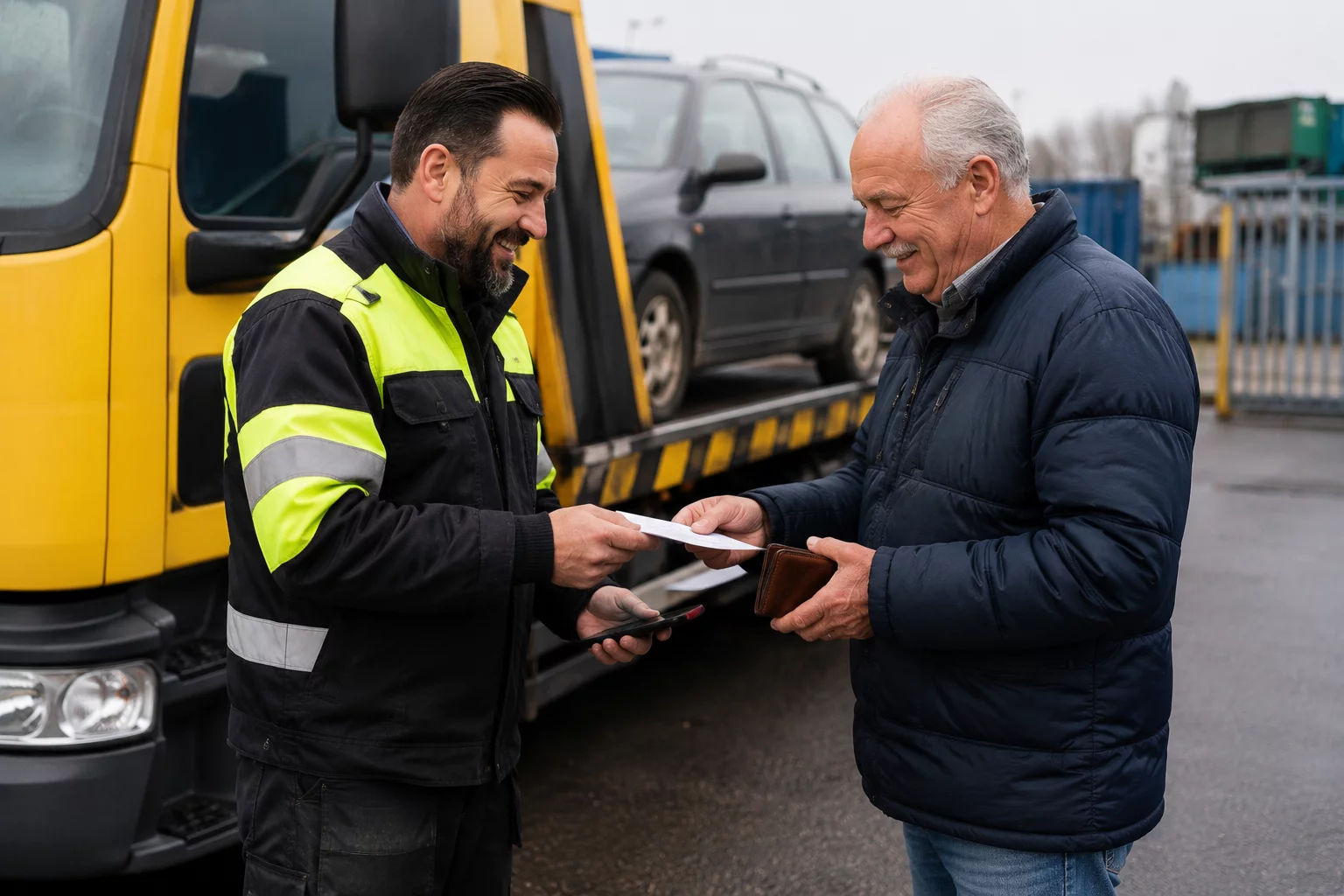 An employee of Autosloperij De Zaag hands over the RDW exemption certificate upon the delivery of a scrap car.