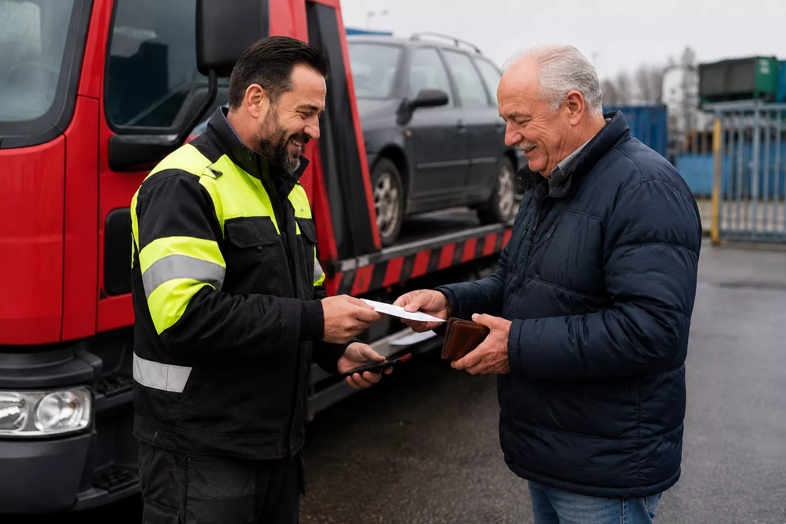 Ein Mitarbeiter von Autosloperij De Zaag übergibt bei der Anlieferung eines Schrottautos die RDW-Befreiungsbescheinigung.